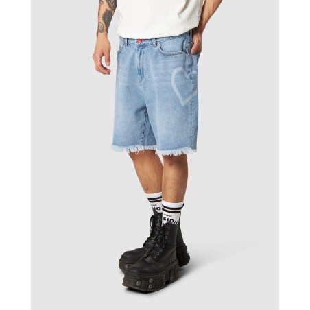 VISION OF SUPER Shorts In Denim Con stampa Laser a Cuore e Fiamme Ricamate
