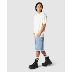 VISION OF SUPER Shorts In Denim Con stampa Laser a Cuore e Fiamme Ricamate