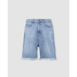 VISION OF SUPER Shorts In Denim Con stampa Laser a Cuore e Fiamme Ricamate