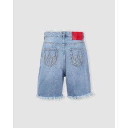 VISION OF SUPER Shorts In Denim Con stampa Laser a Cuore e Fiamme Ricamate