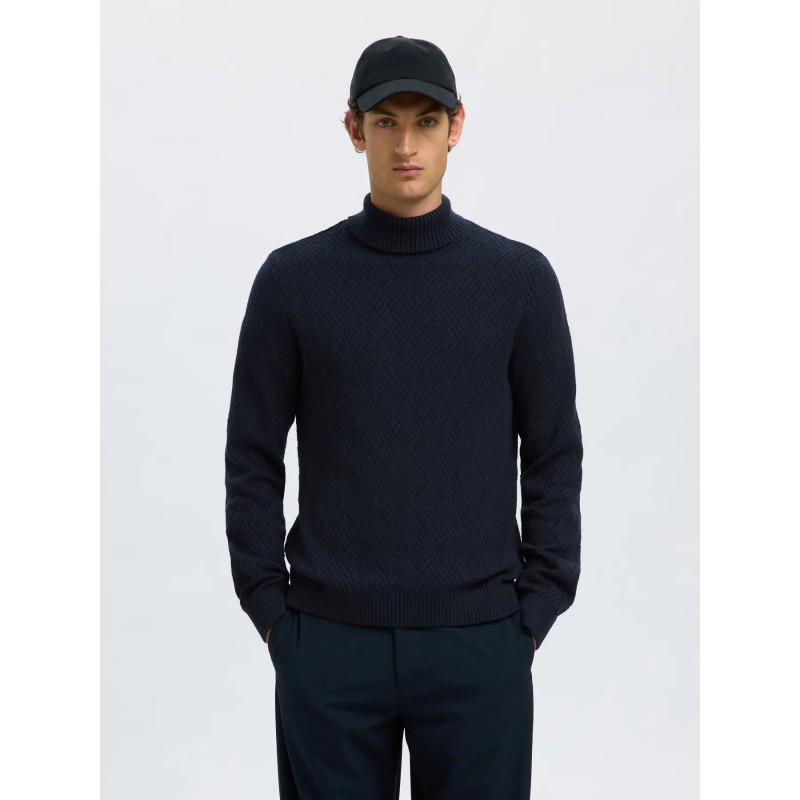 SELECTED Maglione Collo alto in Cotone Trevor Blu