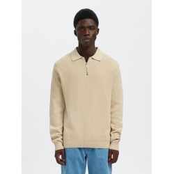 SELECTED Maglione Polo Half-Zip Dane Oatmeal