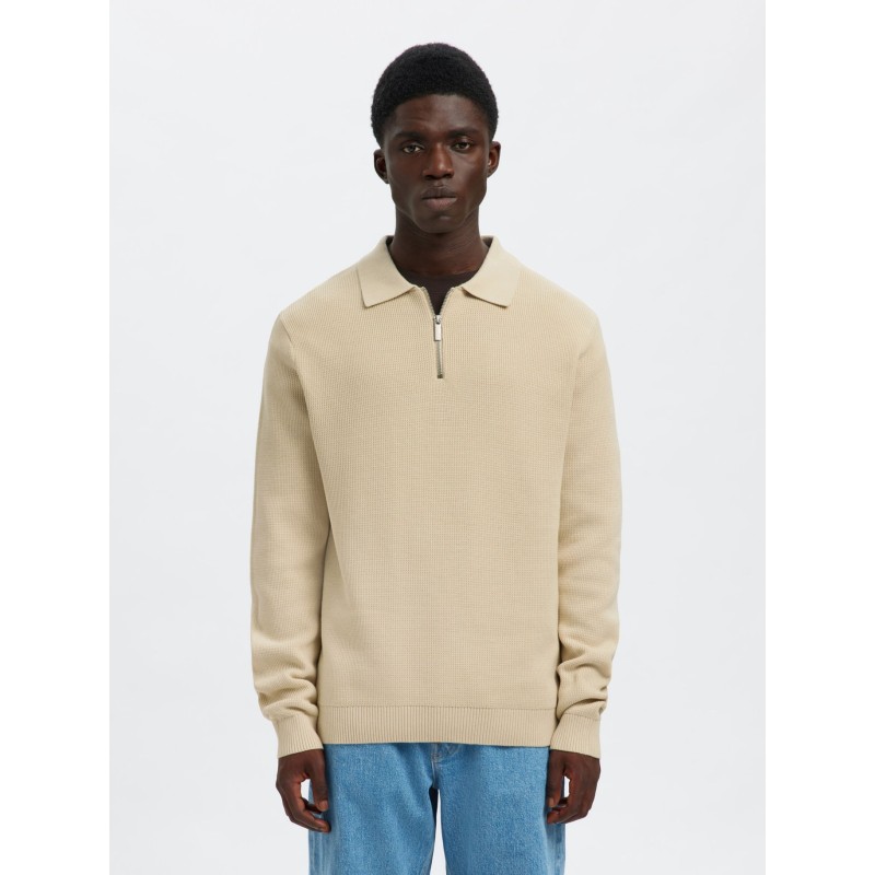 SELECTED Maglione Polo Half-Zip Dane Oatmeal