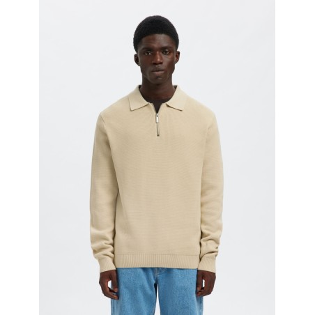 SELECTED Maglione Polo Half-Zip Dane Oatmeal