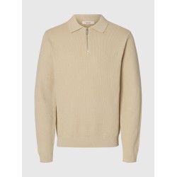 SELECTED Maglione Polo Half-Zip Dane Oatmeal
