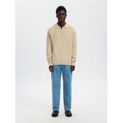 SELECTED Maglione Polo Half-Zip Dane Oatmeal