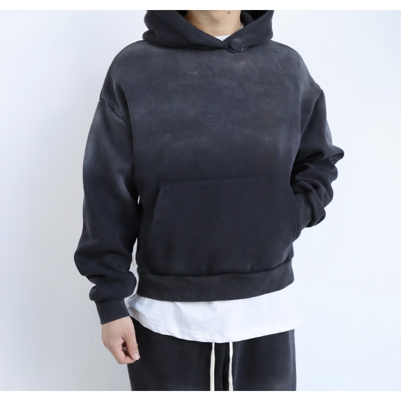 Felpa Cappuccio Boxy Fit Nero Stone Washed